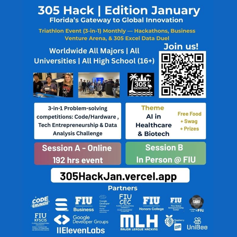 Cover Image for 305 Hackathon Edition — January 2026 (Sessions A & B) Sign up at hackuniversity.vercel.app → Hackathons