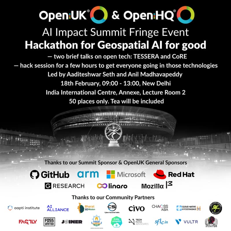 Cover Image for OpenUK and OpenHQ: AI Impact Summit Fringe Event - Hackathon for Geospatial AI for Good
