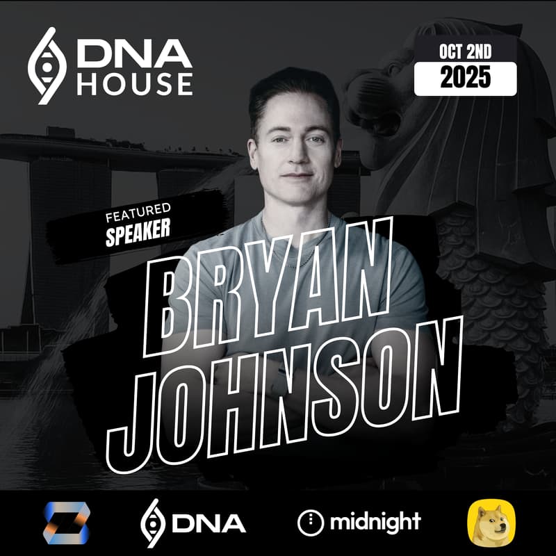 Cover Image for Bryan Johnson on Human Optimization at DNA House at TOKEN2049 with Zeebu, Midnight, DogeOS & DNA | Thursday, Oct 2nd, 2025.