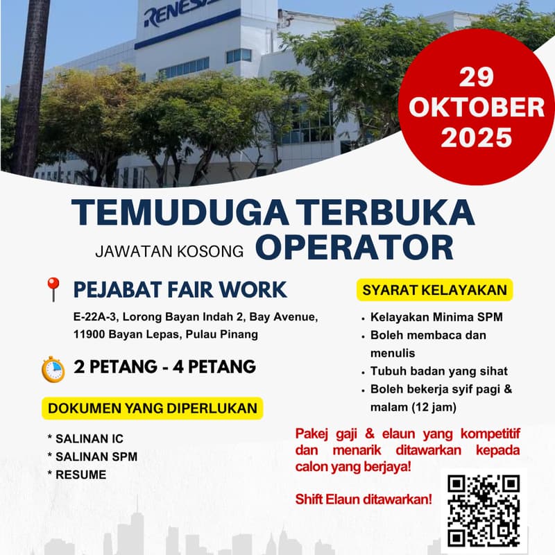 Imej Kulit untuk Temuduga Terbuka Jawatan Operator Renesas Semiconductor