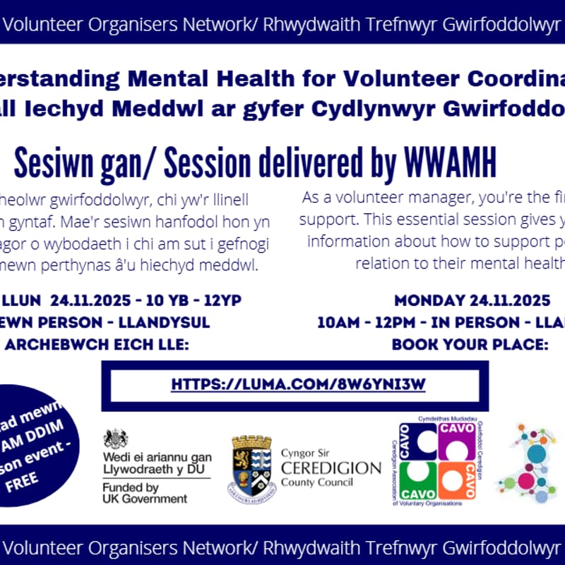 Cover Image for Understanding Mental Health for Volunteer Coordinators /Deall Iechyd Meddwl ar gyfer Cydlynwyr Gwirfoddolwyr