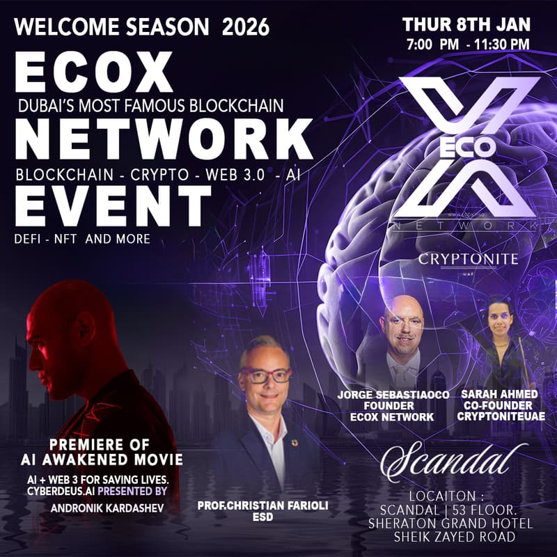 Cover Image for Top Speaker Alert - Welcome Season 2026 Opening  - EcoX Network Event - Crypto, Blockchain, Ai & Business Connection. Your Dubai Network...