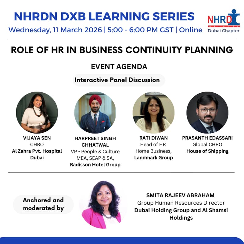 Cover Image for Role of HR in Business Continuity Planning - NHRDN DXB Learning Series (Online Panel Discussion)