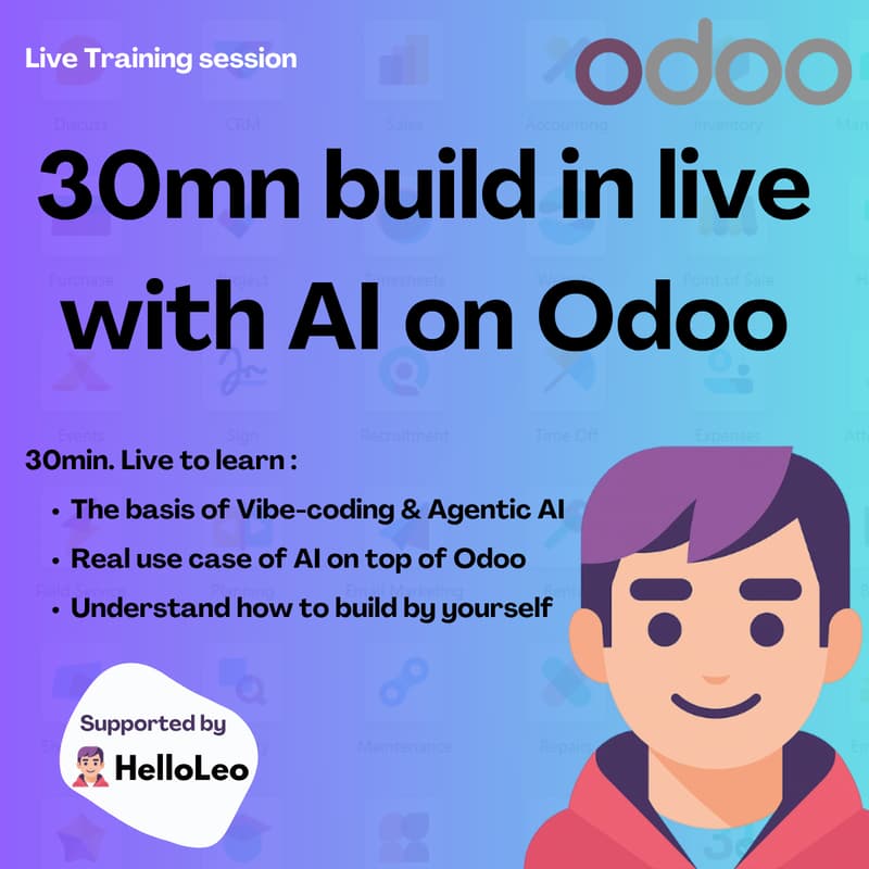 Cover Image for Create a Sales AI Assistant on top of your Odoo - Build in live with AI (30mn)