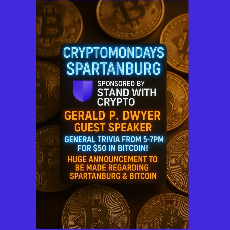Cover Image for 11th Crypto Mondays Spartanburg @ Smoking Butt Heads BBQ - Sponsored by Stand With Crypto WITH FORMER CLEMSON PROFESSOR GERALD DWYER!