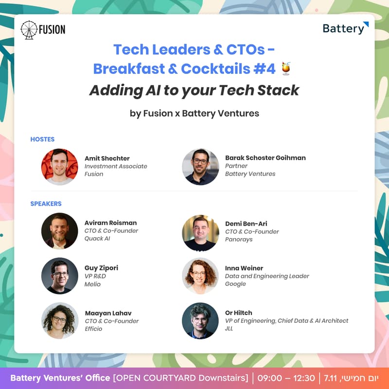 Cover Image for Tech Leaders & CTOs - Breakfast & Cocktails #4: Adding AI to your Tech Stack (by Fusion x Battery Ventures)