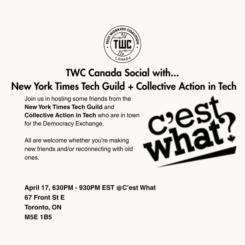 Cover Image for TWC Canada Social with NY Times Tech Guild and Collective Action in Tech