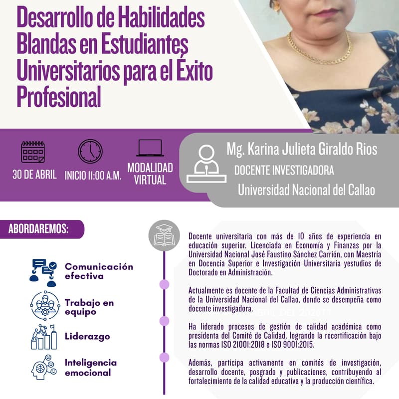 Cover Image for Webinar: Desarrollo de Habilidades Blandas en Estudiantes Universitarios para el Éxito Profesional