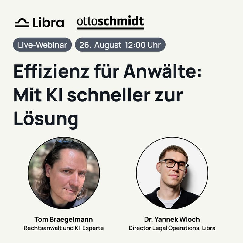 Titelbild für Libra Webinar: Effizienz trifft Expertise – So sparen Anwälte mit KI wertvolle Zeit bei der Rechtsrecherche