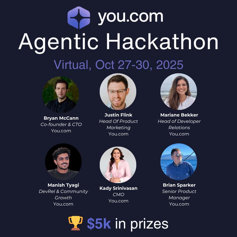 Cover Image for You.com Virtual Agentic Hackathon - $5k in Cash Prizes!