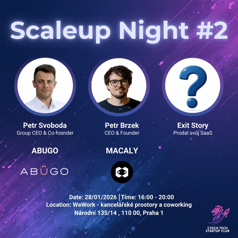Cover Image for Scaleup Night #2 - Dealmaking: 1) ABUGO - 6 akvizic, 10M+ ARR, 2) Exit Macaly - stovky M 9 měsíců od nápadu, 3) Zatím neveřejný lednový EXIT