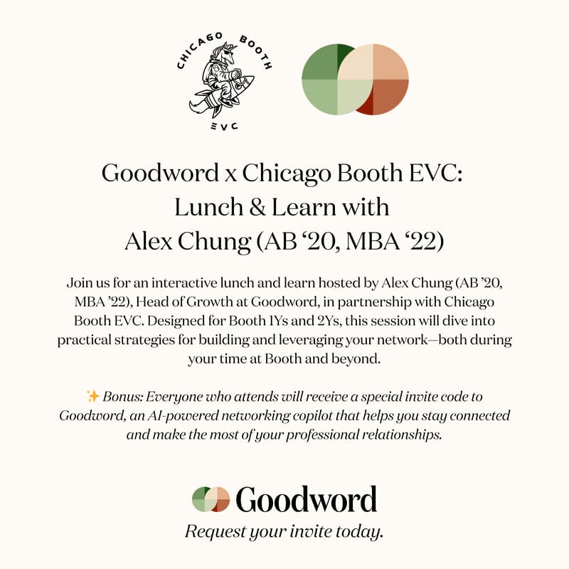 Cover Image for Goodword x Chicago Booth EVC: Lunch & Learn with Alex Chung (AB '20, MBA '22)