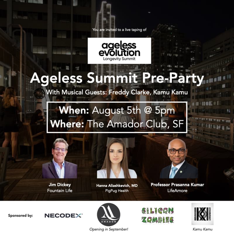 Cover Image for Ageless Summit Pre-Party (ft. Dr. Hanna Aliashkevich, Jim Dickey, Prof. PK - with Freddy Clarke & Kamu Kamu)