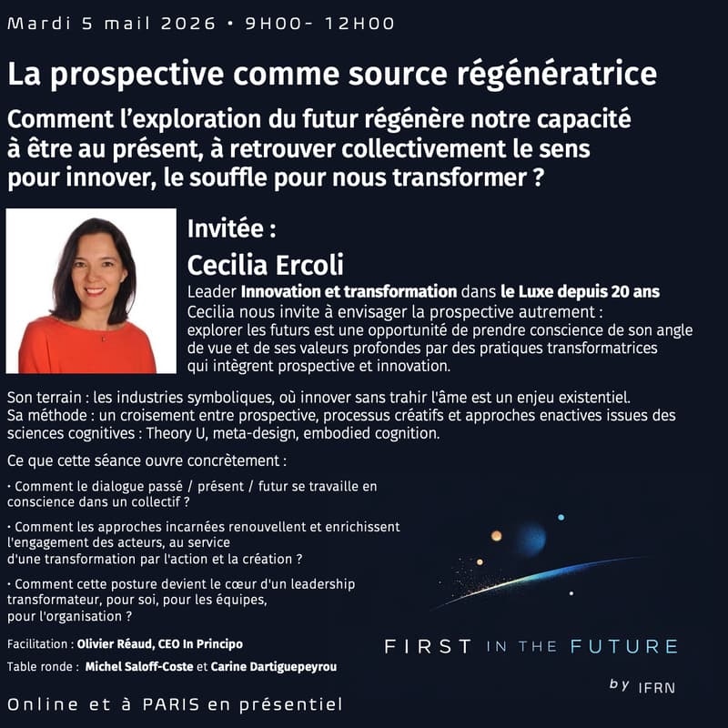 Cover Image for First In The Future "La prospective comme source régénératrice"• Invitée : Cecilia Ercoli (présentiel)