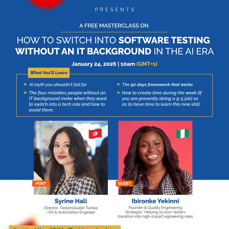 Cover Image for HOW TO SWITCH INTO SOFTWARE TESTING EVEN WITHOUT AN IT BACKGROUND IN THE AI ERA MASTERCLASS