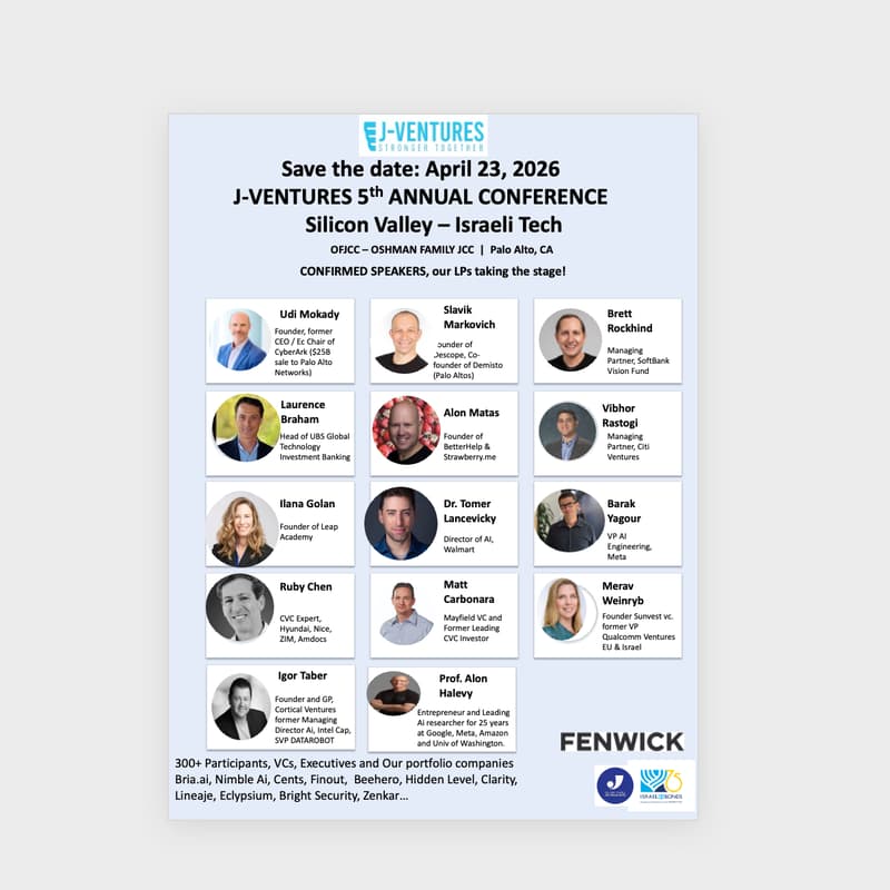 Cover Image for J-Ventures 5th Annual Conference.  Silicon Valley & Israeli tech (https://www.j-venturesconference.vc)