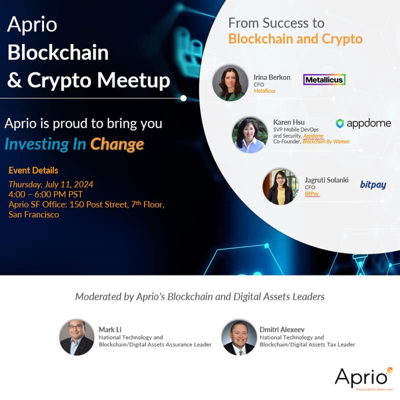 Cover Image for Aprio LLP's Inaugural Blockchain and Crypto Meet Up: Investing in Change