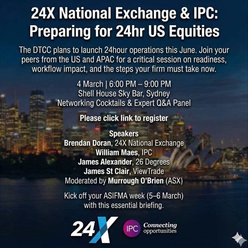 Cover Image for 24X Exchange & IPC Sydney 24‑Hour US Equities Reception Shell House Sky Bar