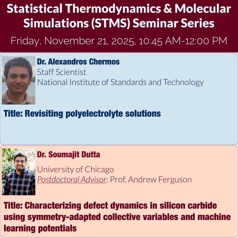 Cover Image for Statistical Thermodynamics & Molecular Simulations (STMS) Seminar Series: Prof. Alexandrox Chremos (NIST), Dr. Soumajit Dutta (Chicago)