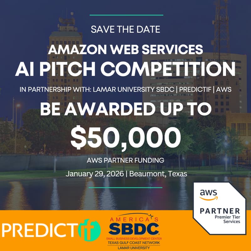 Cover Image for Amazon Web Services AI Pitch Competition in partnership w Lamar University SBDC | PREDICTif | AWS