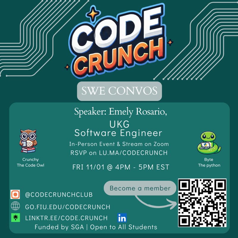 Cover Image for 💻 SWE CONVO Speaker: Emely Rosario, Software Engineer at UKG | Location: GC Room 278A (In-person event, also streaming on Zoom)