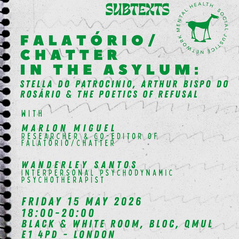 Cover Image for MHSJ Network & SUBTEXTS: Falatório/Chatter in the Asylum:Stella do Patrocínio, Arthur Bispo do Rosário & the Poetics of Refusal