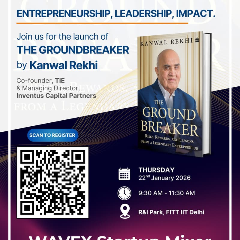 Cover Image for Join us for the launch of The Groundbreaker by Kanwal Rekhi and the WAVEX Startup Mixer