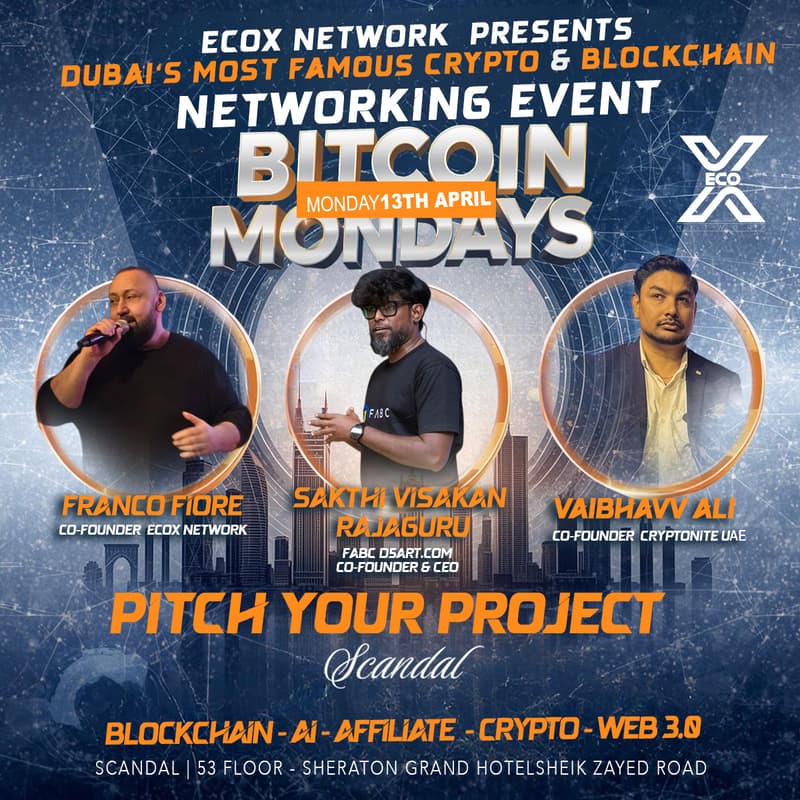 Cover Image for EcoX Network - BitCoin Mondays -  Pitch Your Project ! Blockchain and Tech Business Network Event - AI, Web 3, Capital, Investments ...