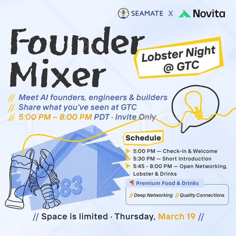Cover Image for Seamate Founder Mixer 🍽️🦞🥤 GTC Week Happy Hour · with Novita AI