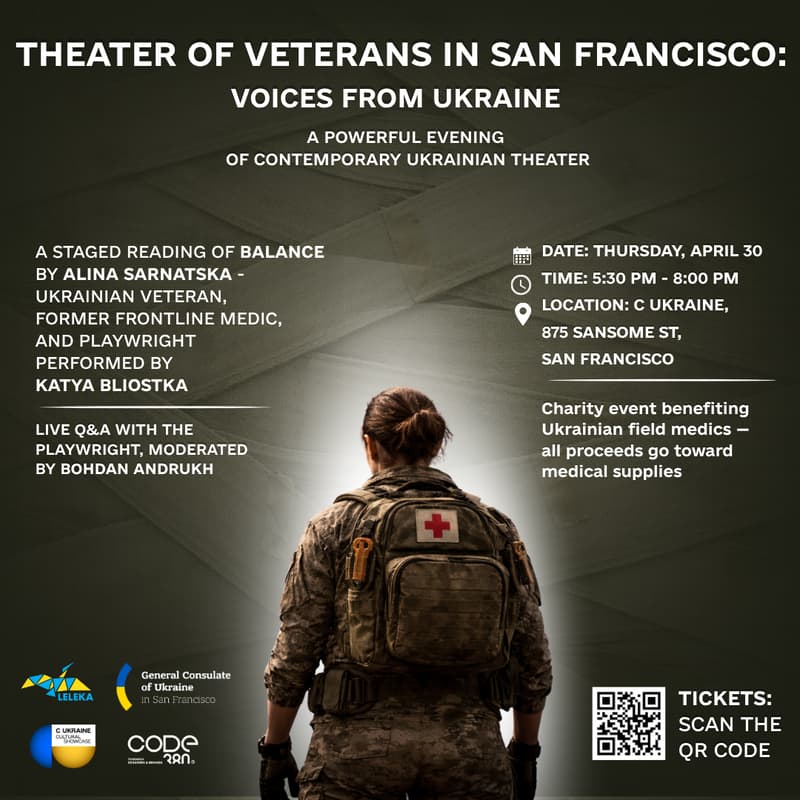 Cover Image for Theater of Veterans in San Francisco: Voices from Ukraine | A Staged Reading of Balance by Alina Sarnatska, performed by Katya Bliostka
