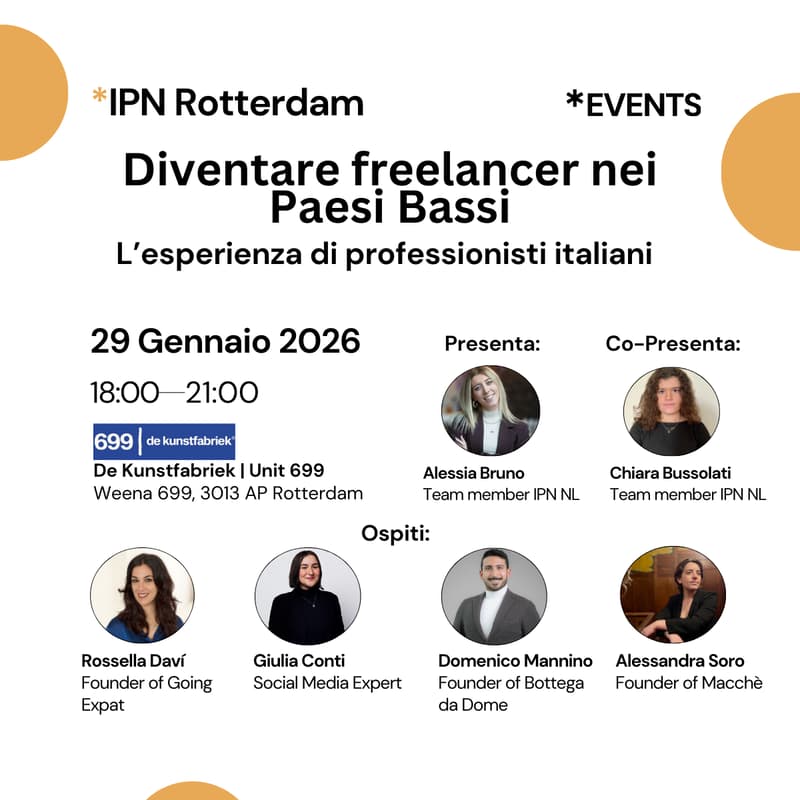 Cover Image for IPN Evento - Rotterdam | Diventare freelancer nei Paesi Bassi: L’esperienza di professionisti italiani