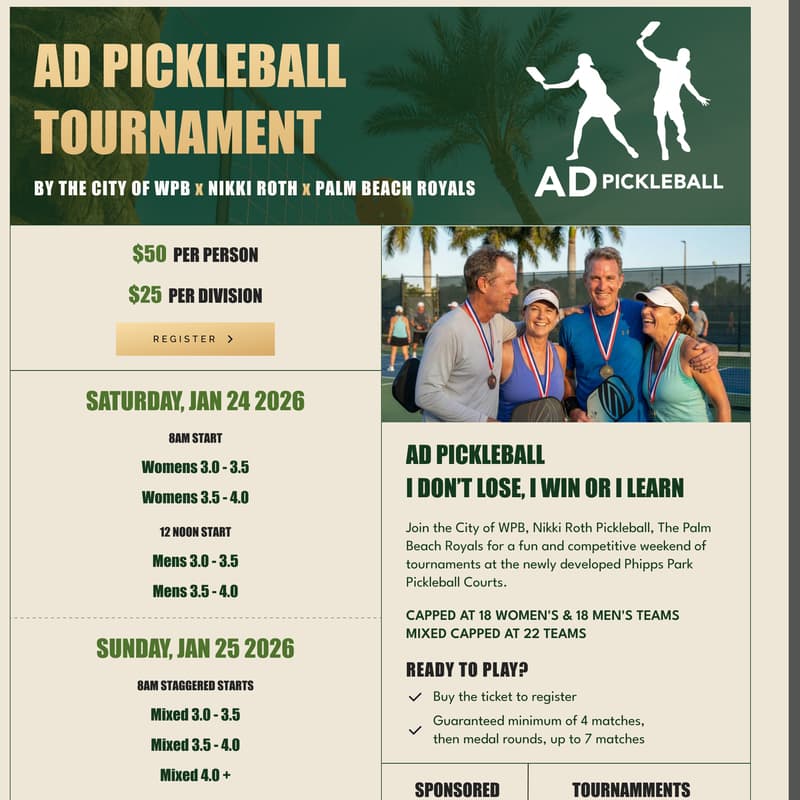 Cover Image for AD Pickleball Tournament by The City of WPB, Palm Beach Royals, and Nikki Roth
