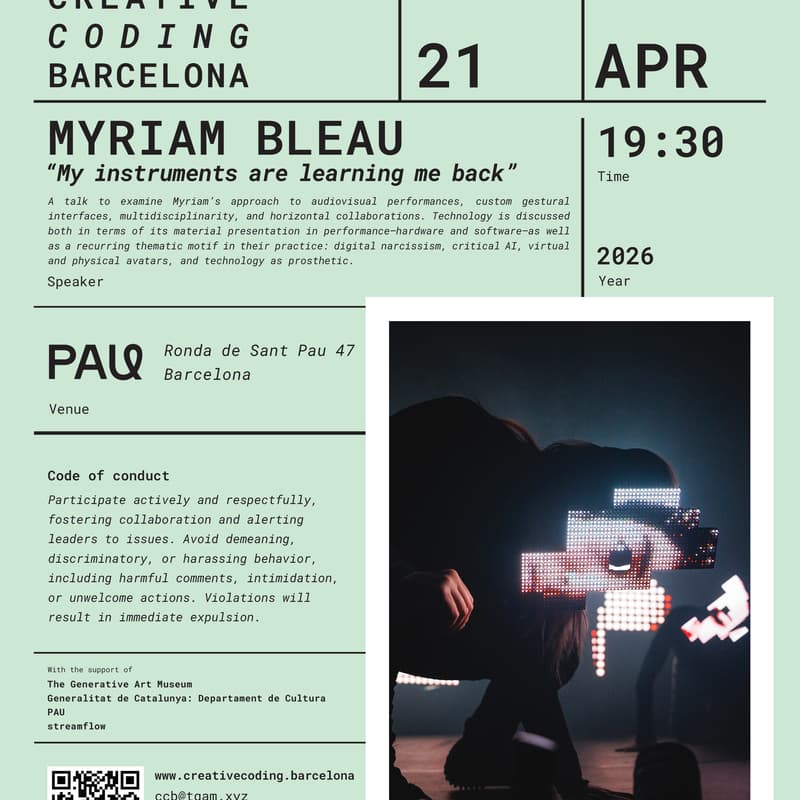 Cover Image for Creative Coding Barcelona with Myriam Bleau presents "My instruments are learning me back"