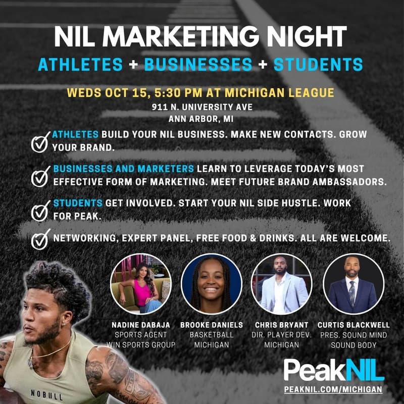Cover Image for NIL Marketing Night At University of Michigan - For Athletes, Businesses, and Students. Presented by PeakNIL