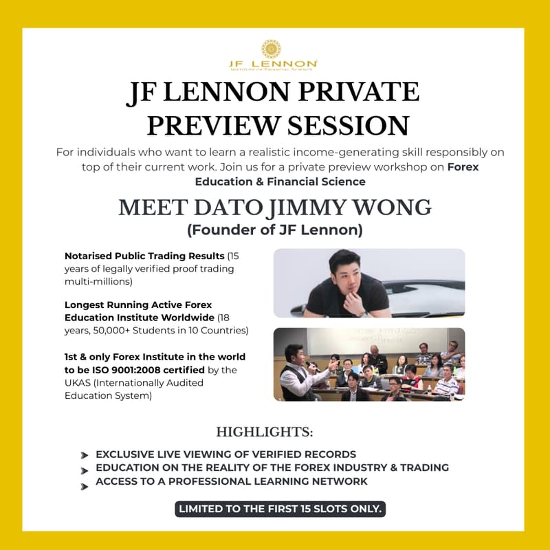 Cover Image for Certified Forex Education Private Workshop Featuring Dato Jimmy Wong (Founder of JF Lennon)