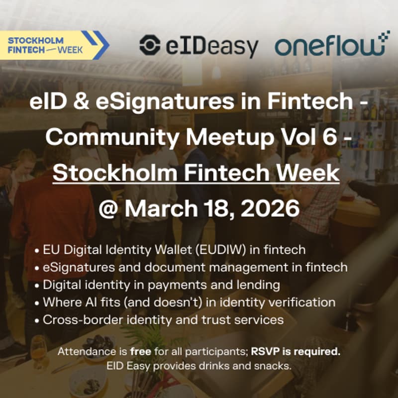 Cover Image for eID & eSignatures in Fintech - Community Drinks Meetup Vol 6 - Stockholm Fintech Week @ March 18, 2026