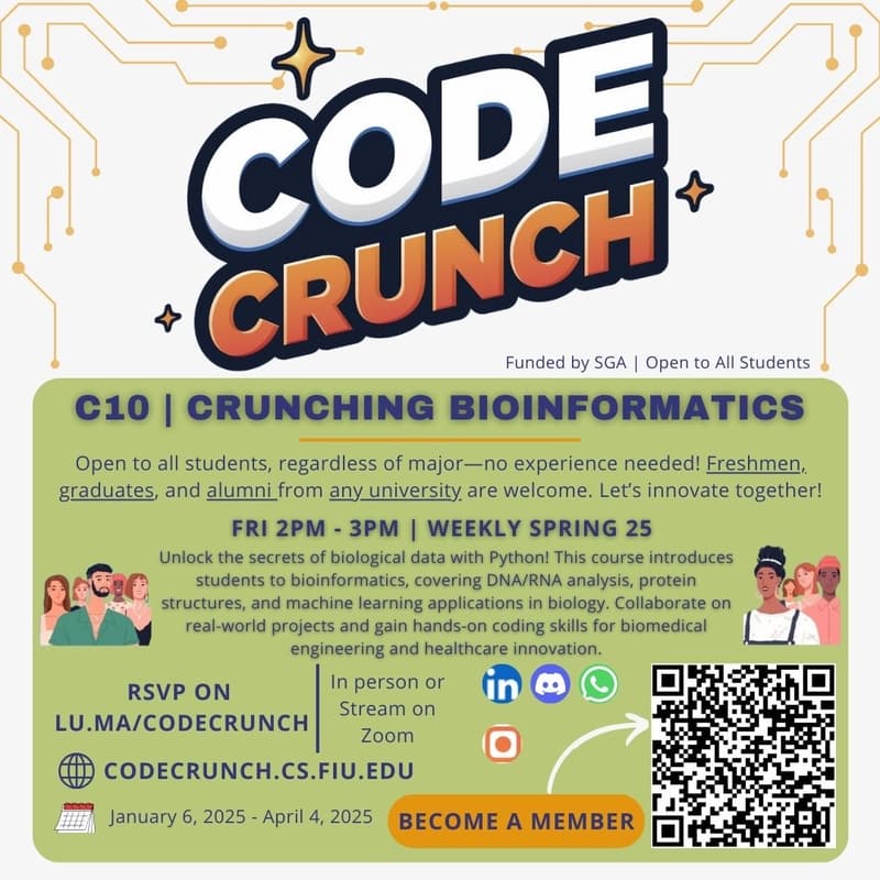 Cover Image for C10 | Crunching Bioinformatics | Weekly Fridays | Spring 2025 | Open To All University Students! 🚀 GC 150
