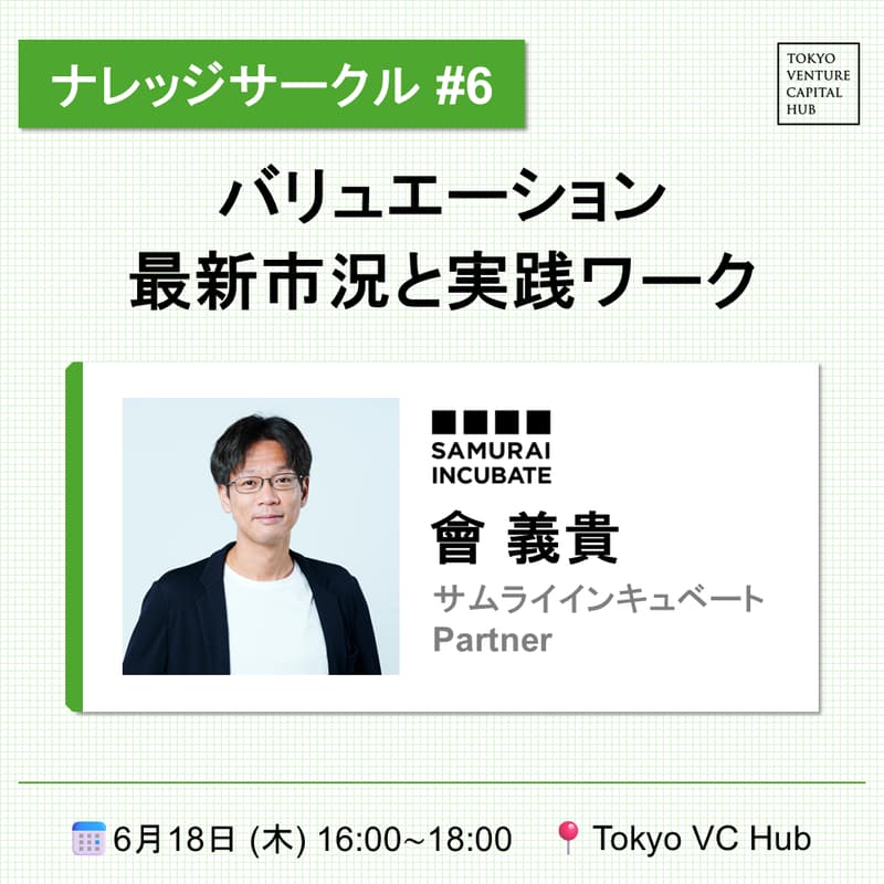 Cover Image for ナレッジサークル#6「バリュエーション：最新市況と実践ワーク」サムライインキュベート 會氏（6/18(木)）