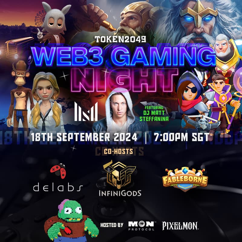 Cover Image for 18th Sept - Web3 Gaming Night with Delabs, InfiniGods, Fableborne, MON Protocol | Token2049 Featuring DJ Matt Steffanina