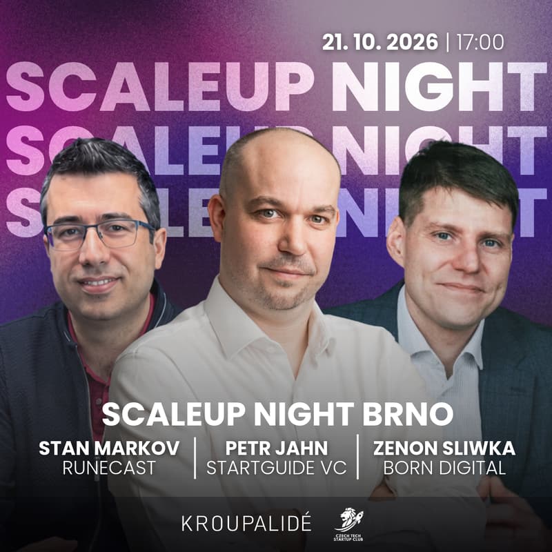 Cover Image for Scaleup Night #8 BRNO! 1) Exit story Runecast, 2) From agency to €5M+ ARR 3) Venture studio vs VC model w/ StartGuide VC GP