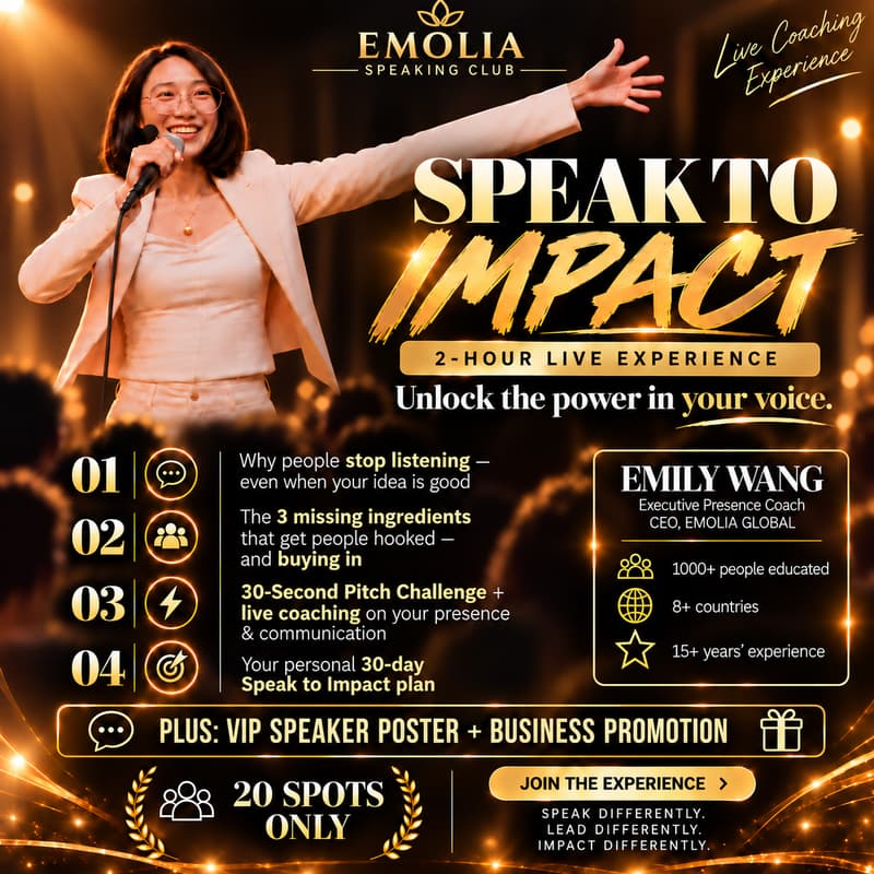 Cover Image for 🎤 Speak to Impact - 30s Pitch Challenge with LIVE individual coaching! (EMOLIA Speaking Club Edition 1)