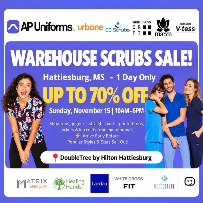 Cover Image for SCRUBS & UNIFORMS WAREHOUSE SALE – UP TO 70% - Hattiesburg, MS - Sunday, November 15 | 10AM – 6PM