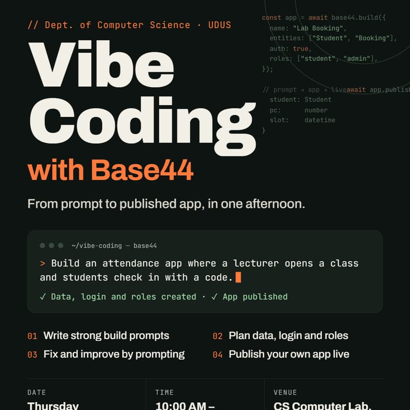 Cover Image for Vibe Coding with Base44 — Computer Science Department Visit