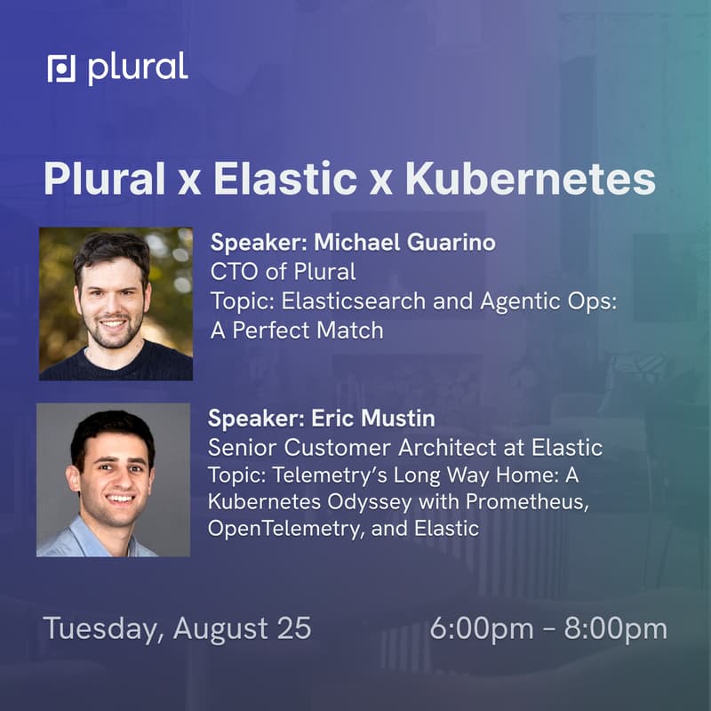 Cover Image for Plural x Elastic x Kubernetes August Meetup, with speakers Michael Guarino and Eric Mustin