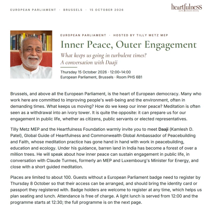 Cover Image for 15 October 2026 - "Inner Peace, Outer Engagement" a conversation with Daaji - European Parliament - Brussels