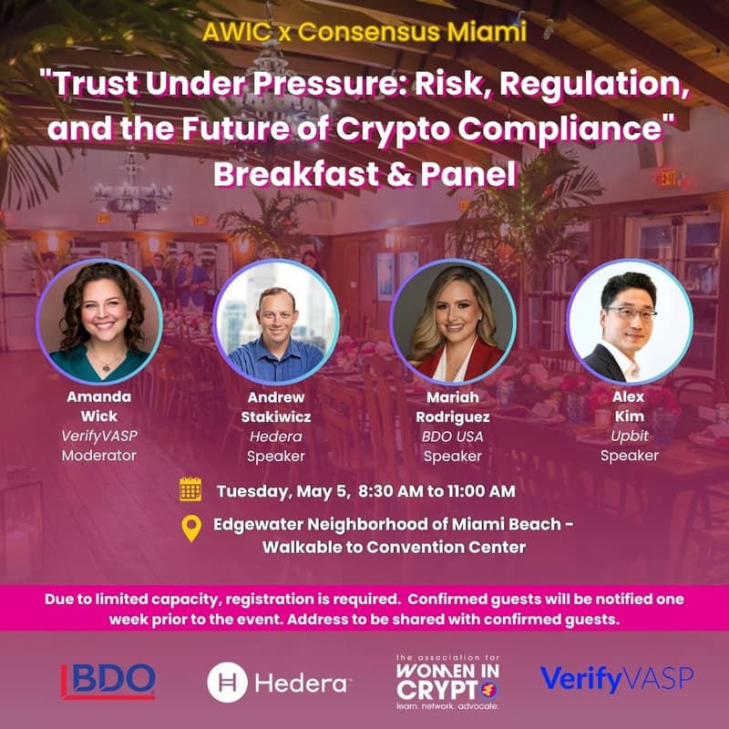 Cover Image for "Trust Under Pressure: Risk, Regulation, and the Future of Crypto Compliance" — AWIC x Consensus Miami Breakfast and Panel Event