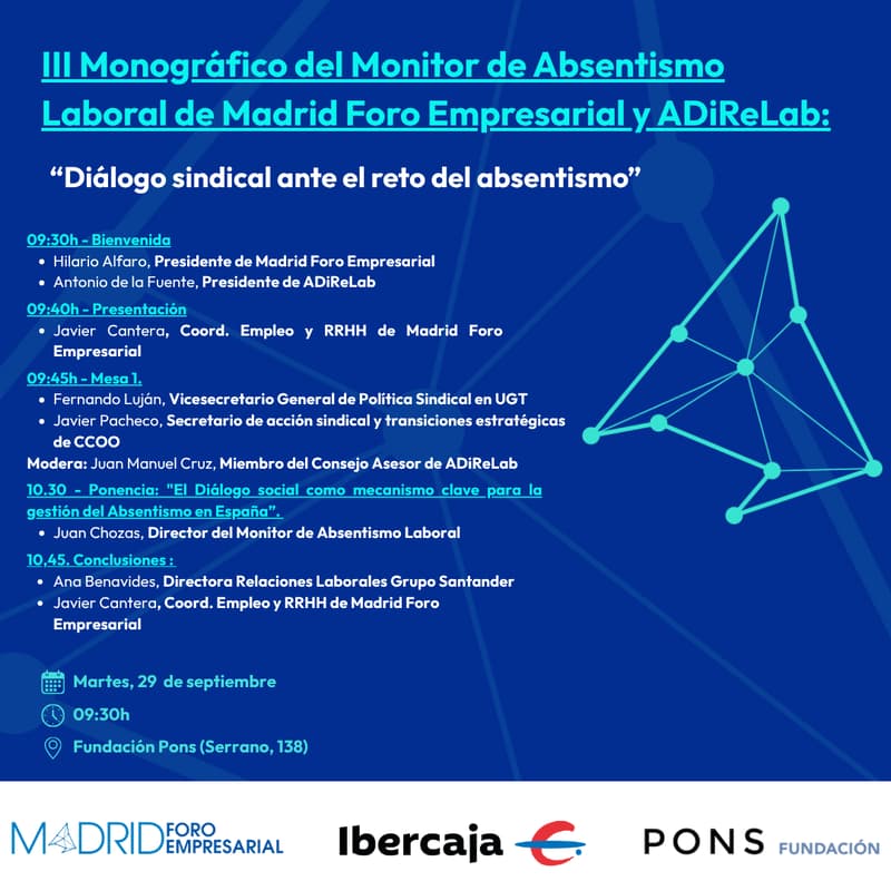 Cover Image for III Monográfico del Monitor de Absentismo Laboral de Madrid Foro Empresarial y ADiReLab: “Diálogo sindical ante el reto del absentismo”