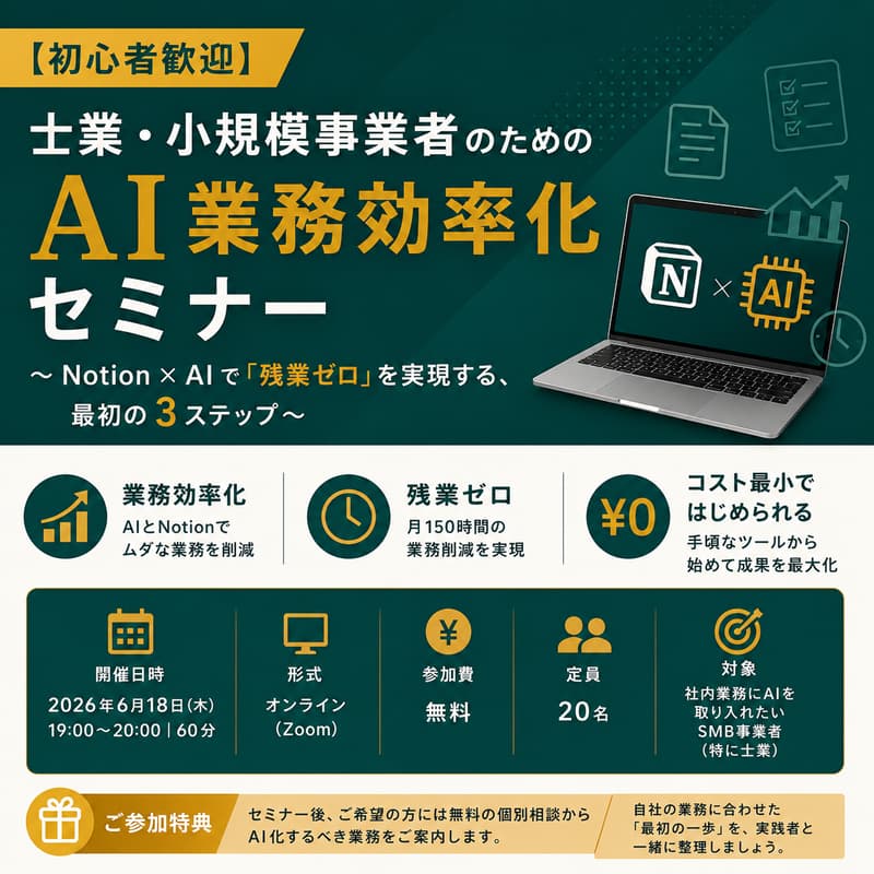 Cover Image for 【初心者歓迎】士業・小規模事業者のためのAI業務効率化セミナー