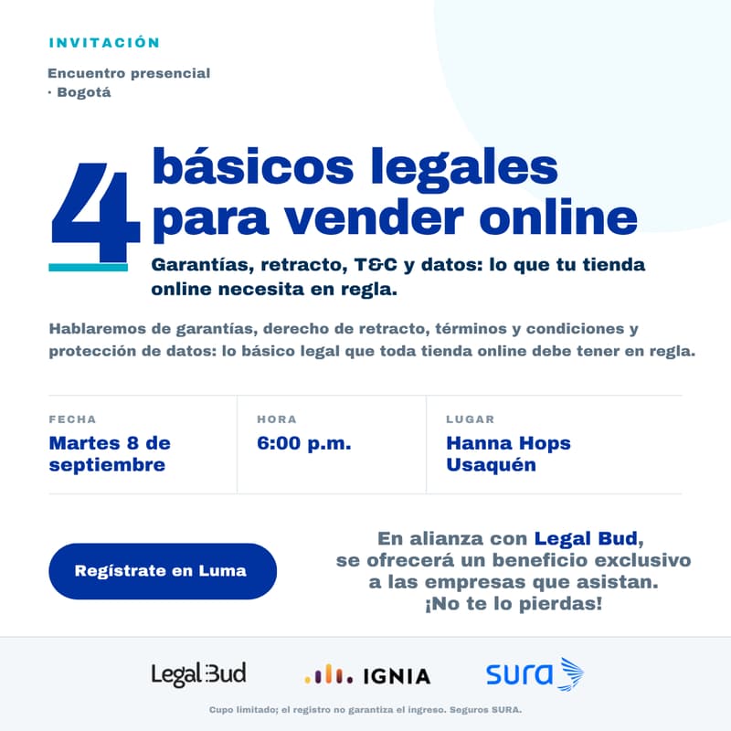 Cover Image for 4 básicos legales para vender online - en Collab con SURA y Legal Bud!