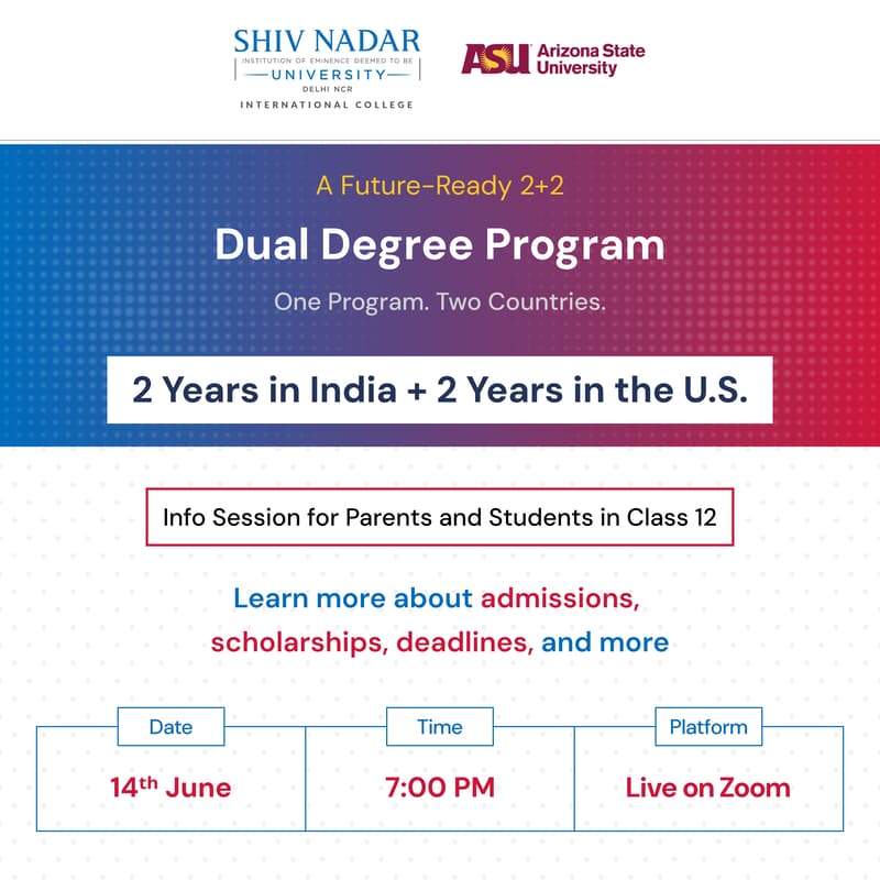 Cover Image for Shiv Nadar University 2026 UG Admissions Info Session: Dual Degree Program After Class 12 — 2 Years in India, 2 Years in the U.S.